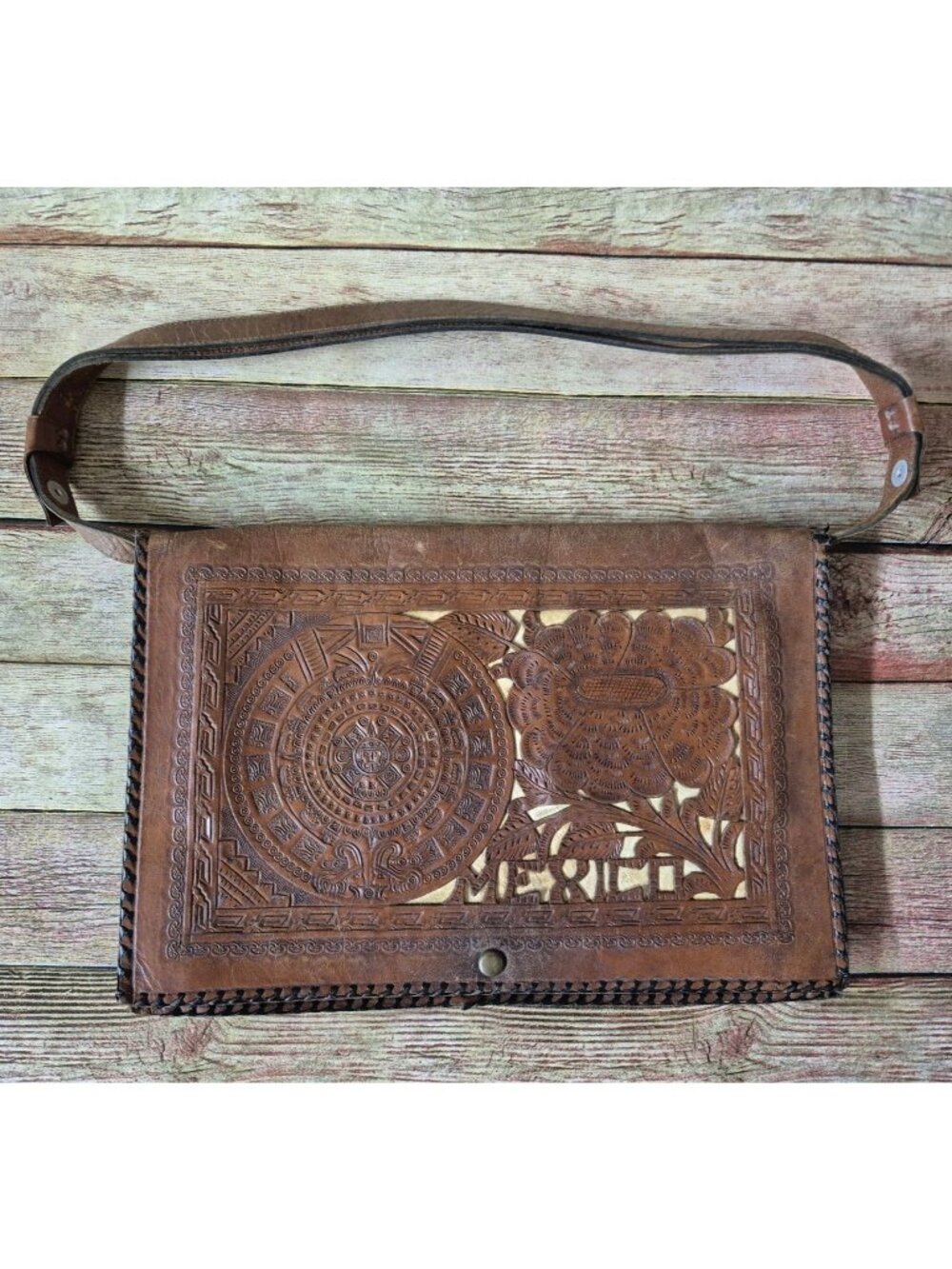 Vintage Mexican Tooled Leather Document Portfolio Bag Pouch Aztec Floral Strap